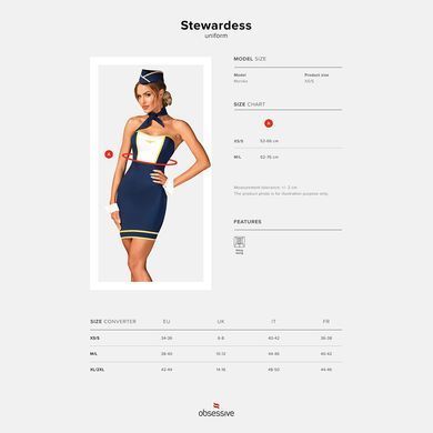 Еротичний костюм стюардеси Obsessive Stewardess uniform XS/S, blue, сукня, пілотка, шарф, манжети SO7729 фото Купити Еротичний костюм стюардеси Obsessive Stewardess uniform XS/S, blue, сукня, пілотка, шарф, манжети  Obsessive (Польща) 2 549 грн
