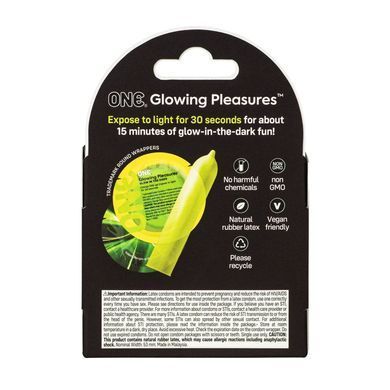 Презервативи ONE Glowing Pleasures, 3 шт, світяться в темряві (м'яте паковання!!!)