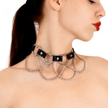 Чокер с сердцами и цепочками Art of Sex - Freya, натуральная кожа, цвет черный SX0518 фото Купить   Art of Sex  720 грн