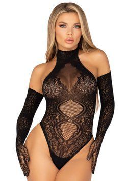 Боді Leg Avenue Lace Halter Teddy and Long Gloves One Size Black Leg Avenue  &mdash; фото