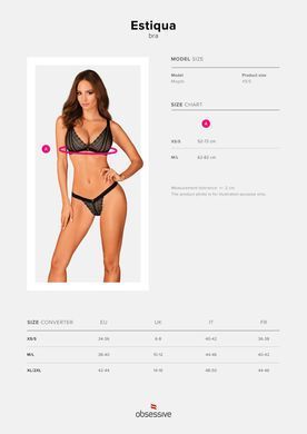 Мереживний бюстгальтер із трикутною чашкою Obsessive Estiqua bra XS/S, чорний, широкі лямки SO7258 фото Купити Мереживний бюстгальтер із трикутною чашкою Obsessive Estiqua bra XS/S, чорний, широкі лямки  Obsessive (Польща) 738 грн