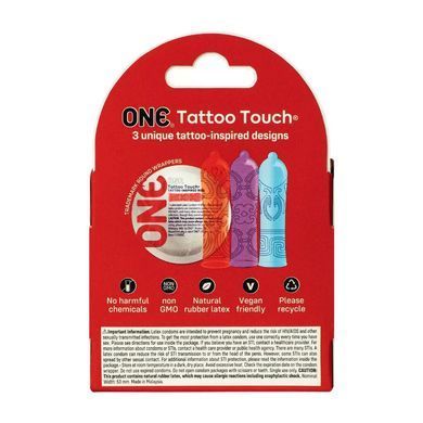 Презервативи ONE Tattoo Touch 3 шт, картонна коробка SX1249 фото Купити Презервативи ONE Tattoo Touch 3 шт, картонна коробка  ONE (США) 341 грн