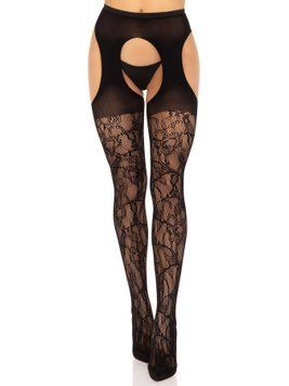 Стрип-колготки Leg Avenue Eyelet lace suspender hose, One Size, черные, ажурные, с открытым доступом SX1063 фото Купить   Leg Avenue (США) 858 грн
