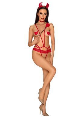 Еротичний костюм чортика зі стреп Obsessive Evilia teddy red S/M, боді, чокер, накладки на соски, обруч з ріжками SO7706 фото Купити Еротичний костюм чортика зі стреп Obsessive Evilia teddy red S/M, боді, чокер, накладки на соски, обруч з ріжками  Obsessive (Польща) 1 690 грн