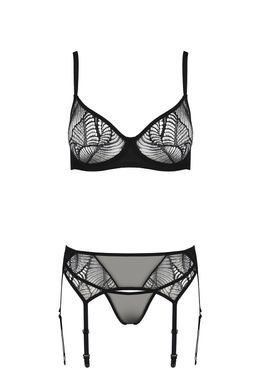 Комплект Passion LEAFA SET black, L/XL, кружево+сетка, бюстгальтер на косточках, стринги, пояс для чулок SX0509 фото Купить   Passion (Польща) 3 141 грн
