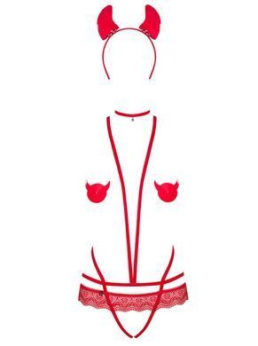 Еротичний костюм чортика зі стреп Obsessive Evilia teddy red L/XL SO7707 фото Купити Еротичний костюм чортика зі стреп Obsessive Evilia teddy red S/M, боді, чокер, накладки на соски, обруч з ріжками  Obsessive (Польща) 1 727 грн