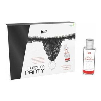 Набір Intt BRAZILIAN PANTY BLACK: трусики на резинці S-XL з перлинним кільцем + полунична змазка Intt  &mdash; фото