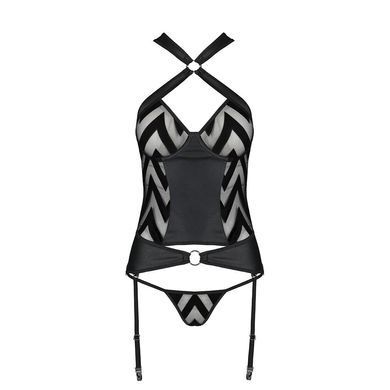 Сетчатый комплект с узором Passion HIMA CORSET L/XL, black, корсет с халтером, подвязки, трусики SO5349 фото Купить   Passion (Польща) 4 009 грн