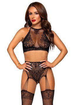 Эротический комплект Leg Avenue Crop top and garter panty Black, топ, трусики с доступом, чулки SO9156 фото Купить   Leg Avenue (США) 1 293 грн