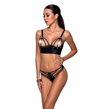 Комплект из эко-кожи с люверсами и ремешками Passion MALWIA BIKINI L/XL, black, бра и трусики SO5762 фото Купить   Passion (Польща) 3 215 грн