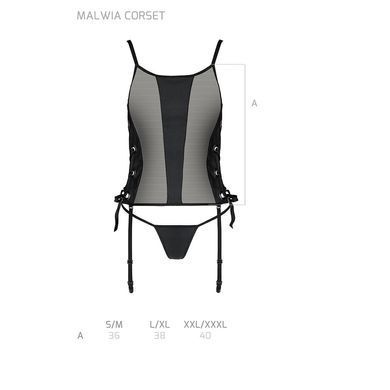 Сетчатый корсет с люверсами и съемными пажами Passion MALWIA CORSET L/XL, black, эко-кожа, стринги SO5765 фото Купить   Passion (Польща) 3 446 грн