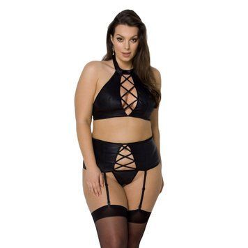 Комплект из экокожи Passion NANCY SET 4XL/5XL black, имитация шнуровки, топ, пояс для чулок SO7106 фото Купить   Passion (Польща) 3 187 грн