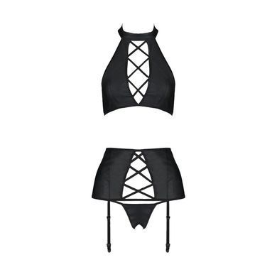 Комплект из экокожи Passion NANCY SET 4XL/5XL black, имитация шнуровки, топ, пояс для чулок SO7106 фото Купить   Passion (Польща) 3 187 грн