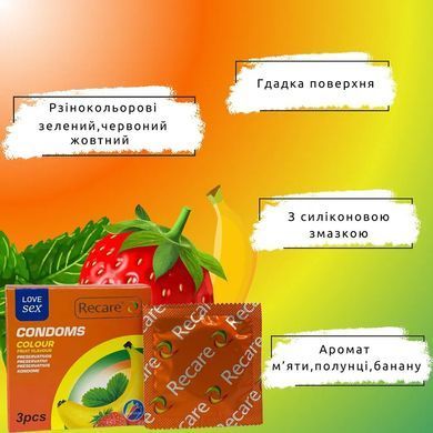 Презервативи Recare Color Fruit Flavour Condoms 3 шт, аромати: м'ята, банан, полуниця SX3318 фото Купити Презервативи Recare Color Fruit Flavour Condoms 3 шт, аромати: м'ята, банан, полуниця  Recare (Китай) 39 грн