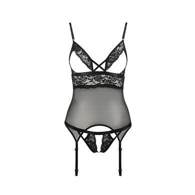 Корсет с открытой грудью Passion DIABOLINA CORSET S/M, black, пажи, трусики, полупрозрачный PS25805 фото Купить   Passion (Польща) 1 690 грн
