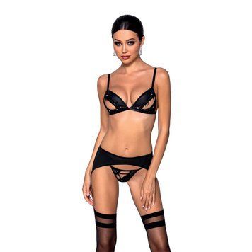 Комплект из эко-кожи Passion MILEY SET L/XL, black, трусики, бюстгальтер, пояс для чулок SO5771 фото Купить   Passion (Польща) 3 279 грн