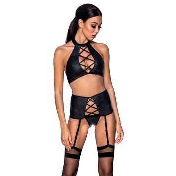 Комплект из эко-кожи с имитацией шнуровки Passion NANCY SET L/XL black, топ, трусики, пояс для чулок SO5373 фото Купить   Passion (Польща) 2 928 грн