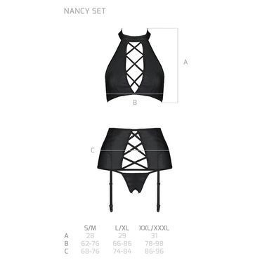 Комплект з еко-шкіри з імітацією шнурівки Passion NANCY SET L/XL black топ, трусики, пояс для панчіх SO5373 фото Купити Комплект з еко-шкіри з імітацією шнурівки Passion NANCY SET L/XL black топ, трусики, пояс для панчіх  Passion (Польща) 2 928 грн