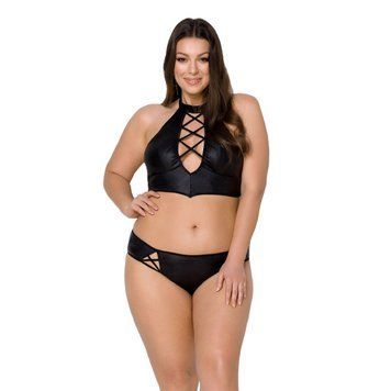 Комплект из экокожи Passion NANCY BIKINI 4XL/5XL black, бра и трусики с имитацией шнуровки SO7102 фото Купить   Passion (Польща) 3 778 грн