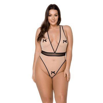 Боди Passion VIENA BODY 4XL/5XL, beige, контрастное, бантики, вставка-сетка, открытые ягодицы SO7111 фото Купить   Passion (Польща) 2 974 грн